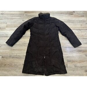 LL Bean Womens Long Down Puffer Coat Brown Faux Suede Sherpa Collar Parka Small